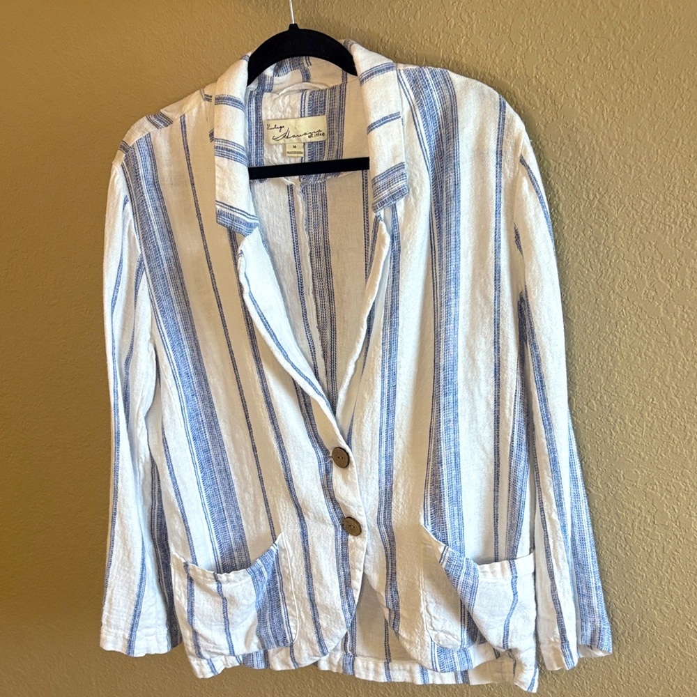 Vintage Havana Linen Blend Striped Blue and White Blazer/ Size medium